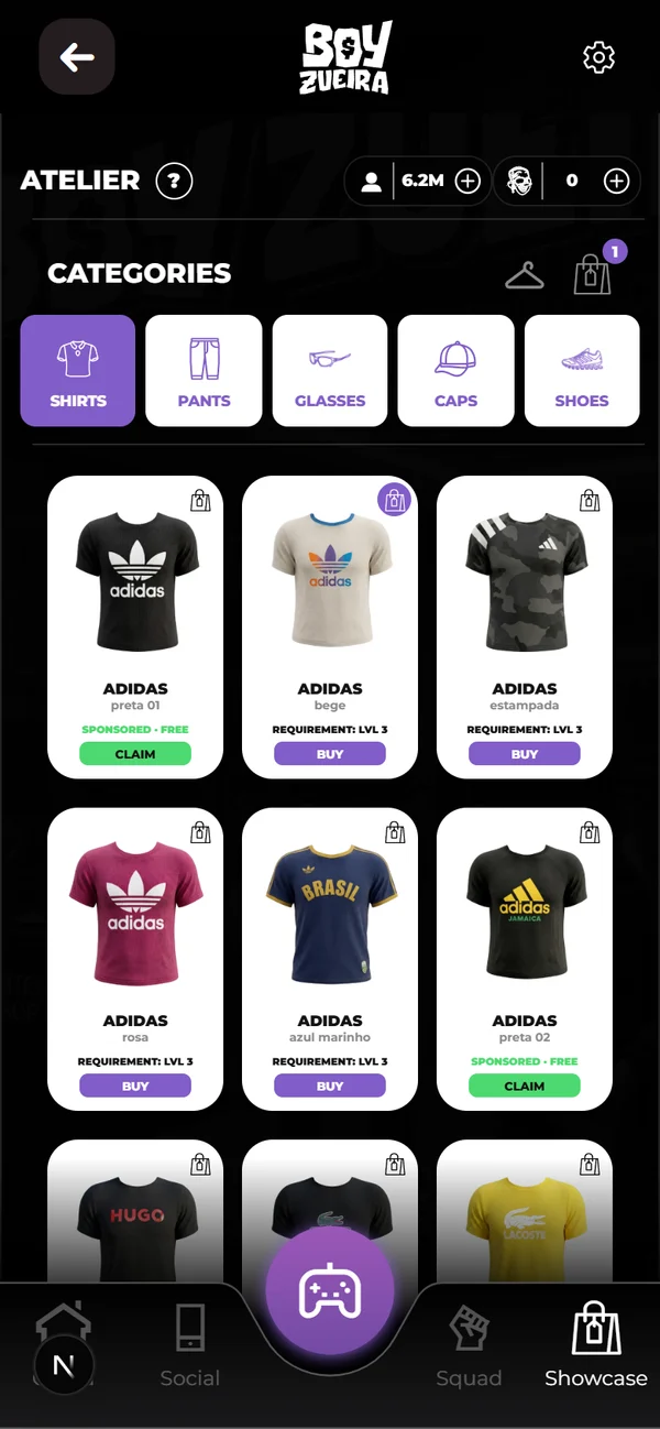 Captura de la app: el Atelier, con camisetas Adidas, precios por nivel y prendas gratis de patrocinio