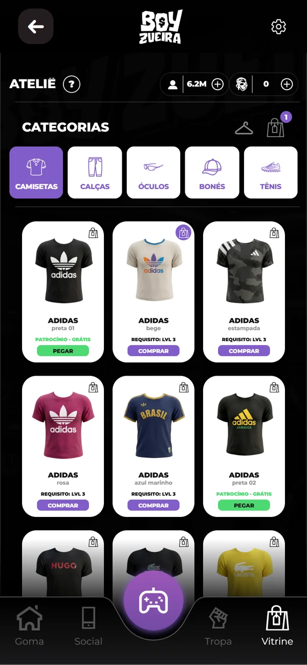 Print do app: o Ateliê, com camisetas Adidas, preços por nível e peças grátis de patrocínio