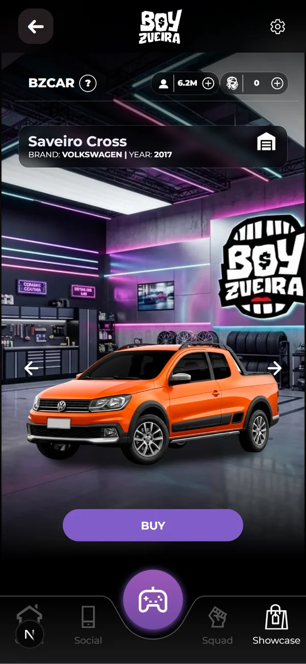 Captura de la app: la tienda BzCar, con la Saveiro Cross y el botón de comprar