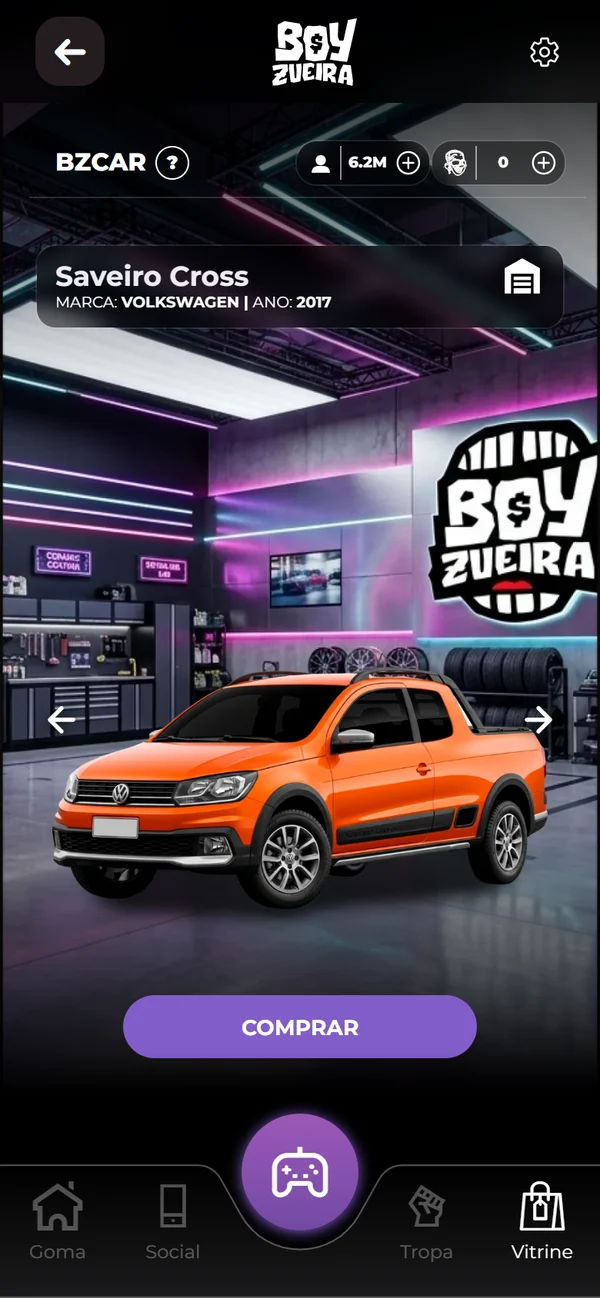 Print do app: a loja BZCar, com a Saveiro Cross e o botão de comprar