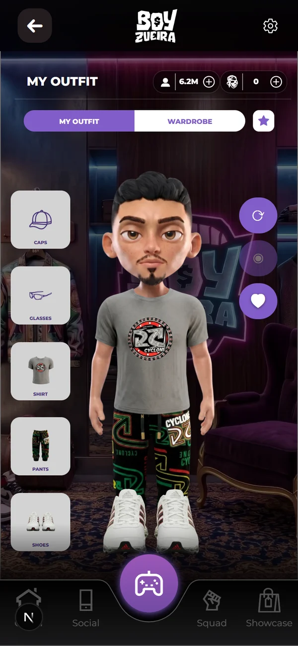 Captura de la app: Mi Outfit, con BZ vestido y las categorías de ropa