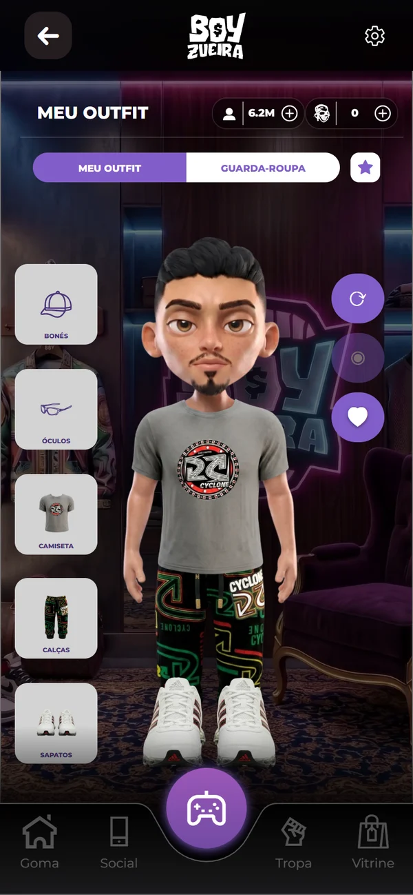 Print do app: Meu Outfit, com o BZ vestido e as categorias de roupa