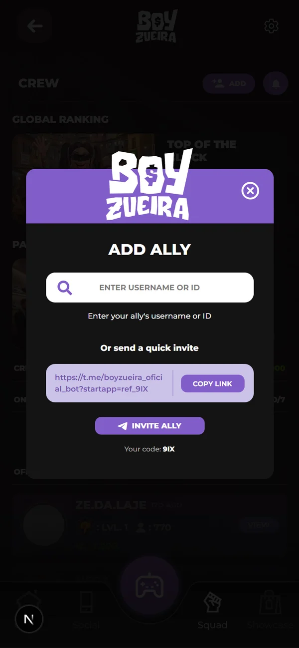 Captura de la app: agregar aliado, con el enlace de invitación y el botón de invitar