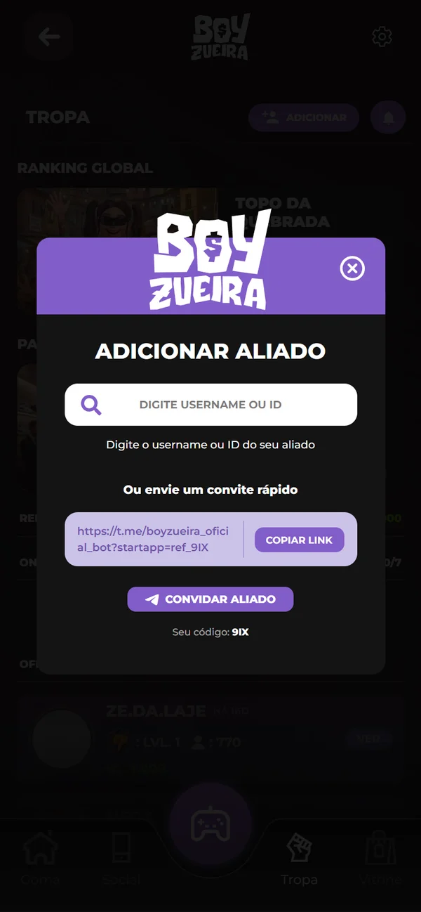 Print do app: adicionar aliado, com o link de convite e o botão de convidar