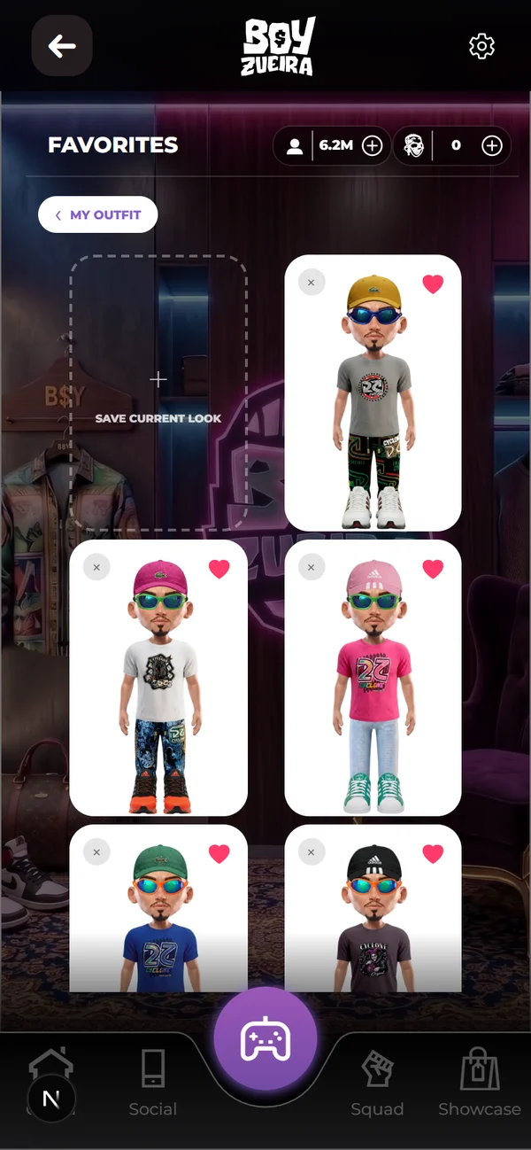 Captura de la app: los looks favoritos guardados, cada uno con BZ vestido