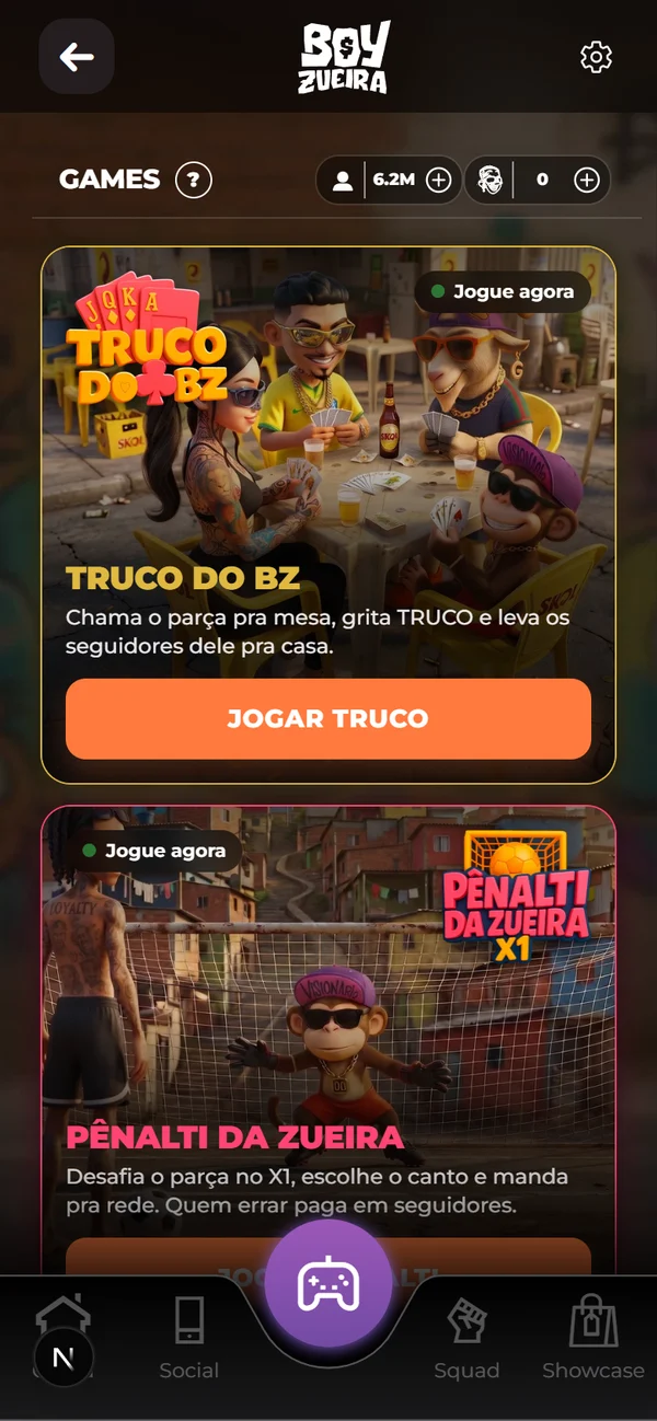 Captura de la app: los Games, con el Truco do BZ y el Pênalti da Zueira