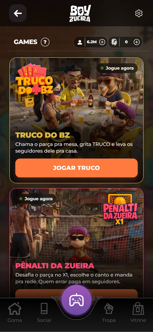 Print do app: os Games, com o Truco do BZ e o Pênalti da Zueira