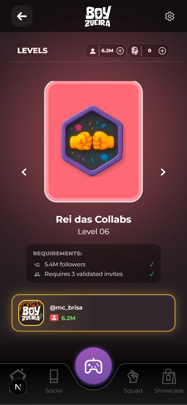 Captura de la app: la pantalla de niveles en Rey de las Collabs, con los requisitos