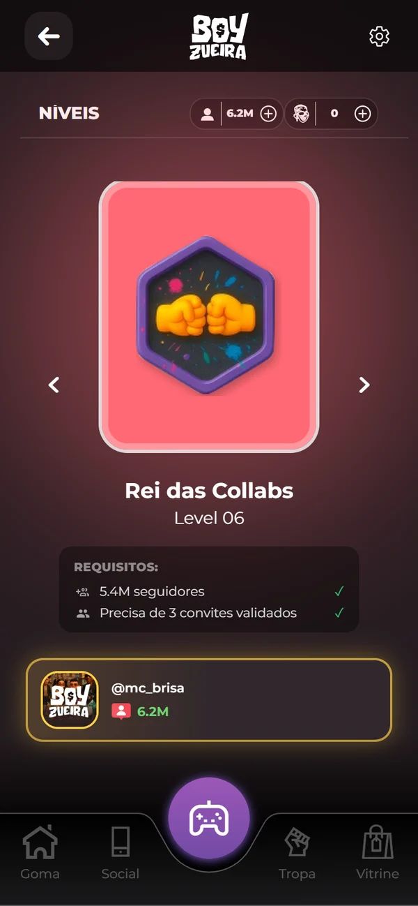 Print do app: a tela de níveis no Rei das Collabs, com os requisitos