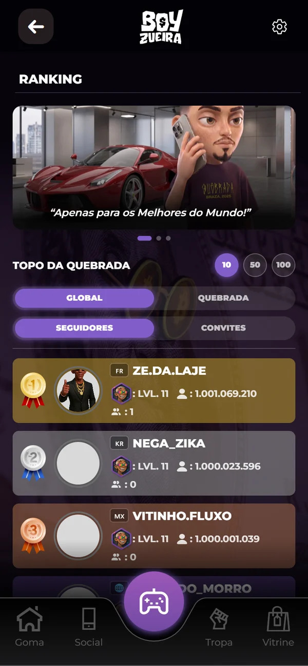 Print do app: o ranking Topo da Quebrada, com os três primeiros