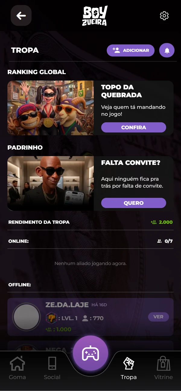 Print do app: a Tropa, com o ranking e os aliados online