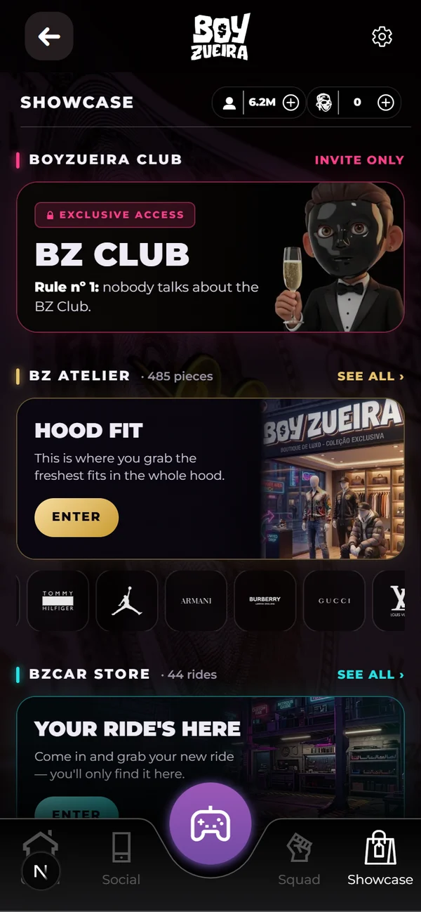Captura de la app: la Vitrina, con el BZ Club, el Atelier de 485 prendas y la tienda BzCar de 44 naves