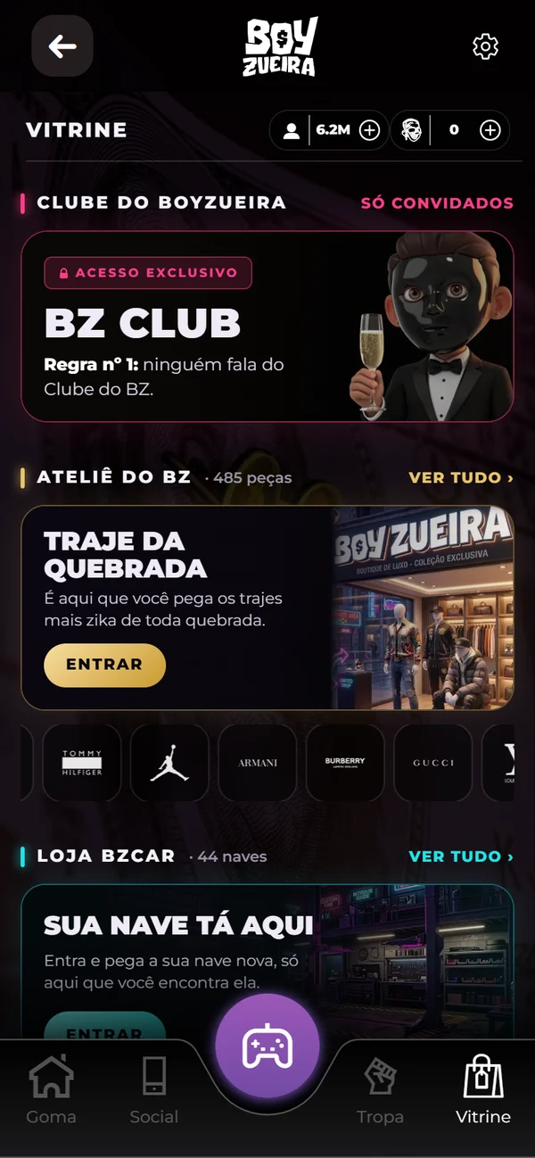Print do app: a Vitrine, com o BZ Club, o Ateliê de 485 peças e a loja BZCar de 44 naves