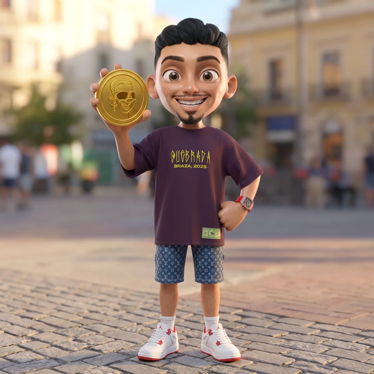 BZ sorrindo na praça, mostrando a moeda Boyz