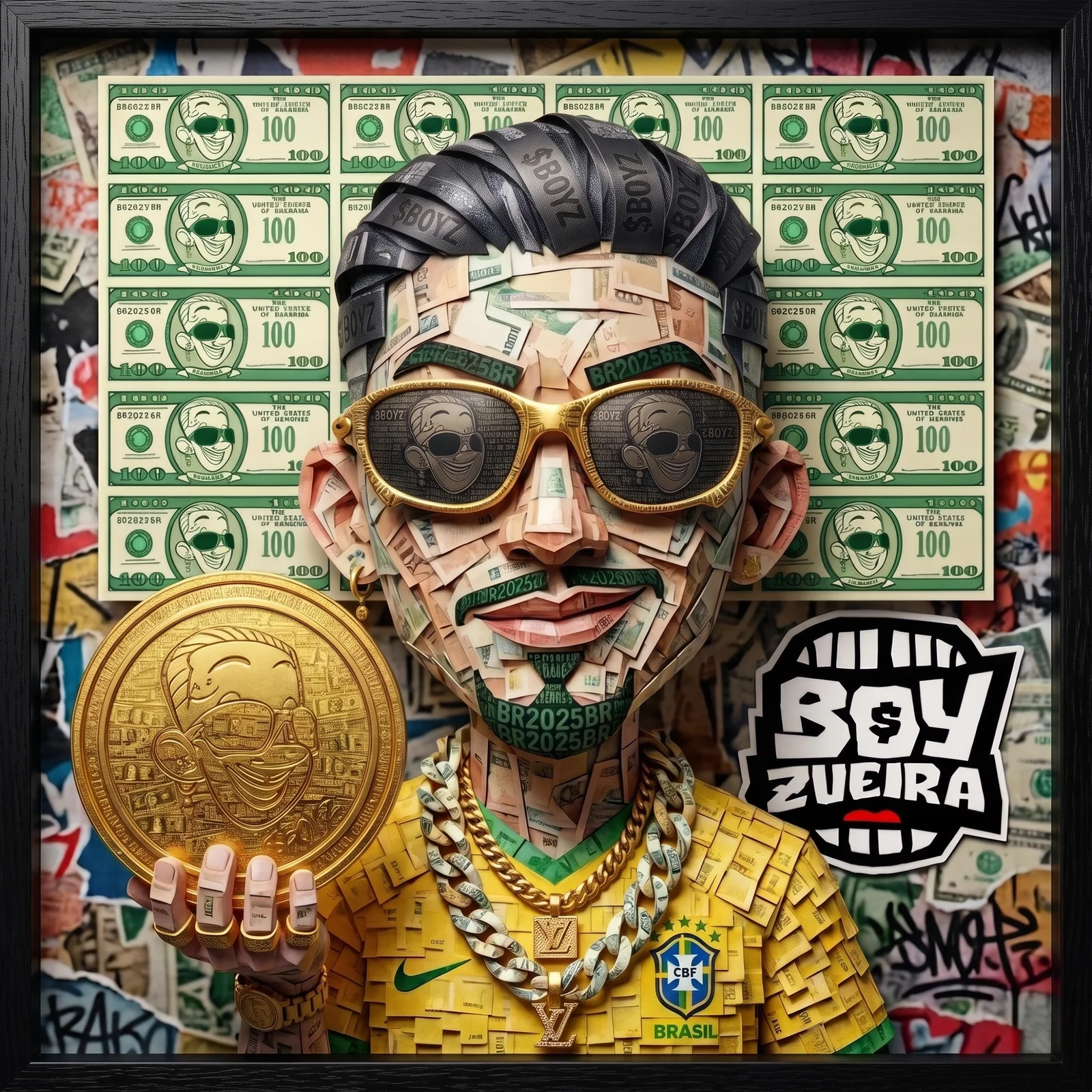 O BZ num quadro de notas, segurando a moeda Boyz