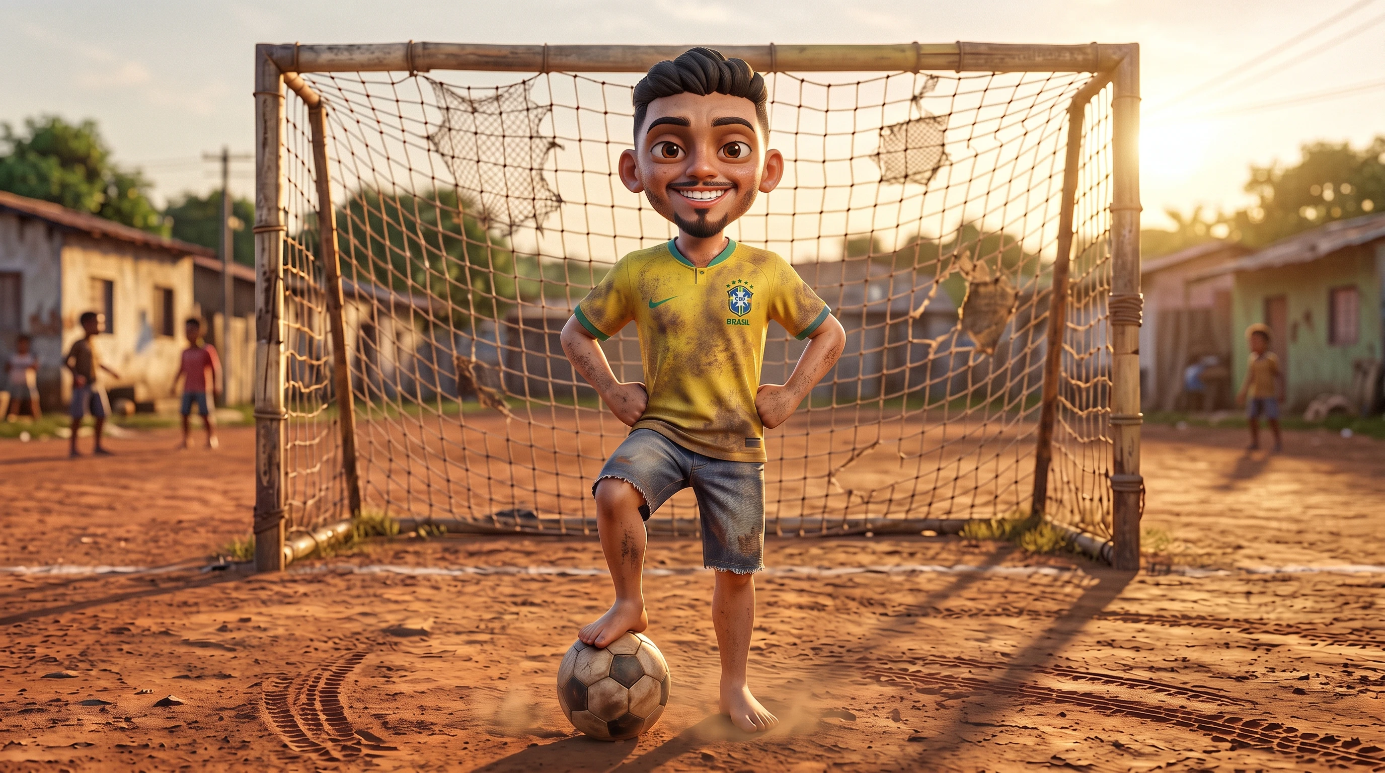 BZ, com a camisa do Brasil, no gol do campinho de terra, com o pé na bola